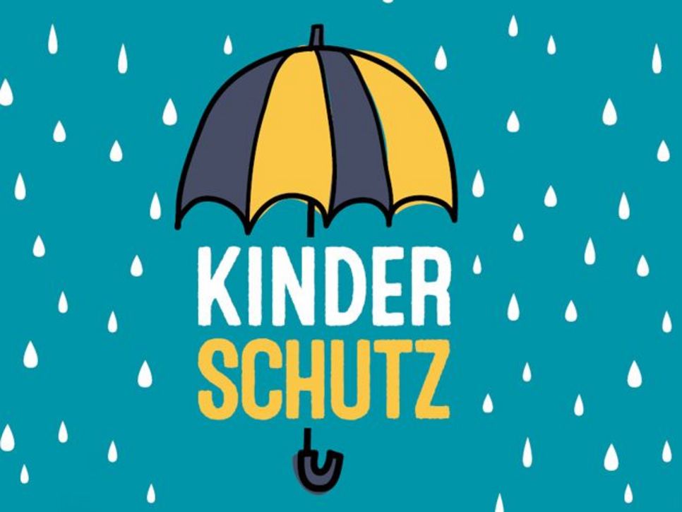 Grafik: Ein aufgespannter Schirm im Regen, darunter der Schriftzug Kinderschutz