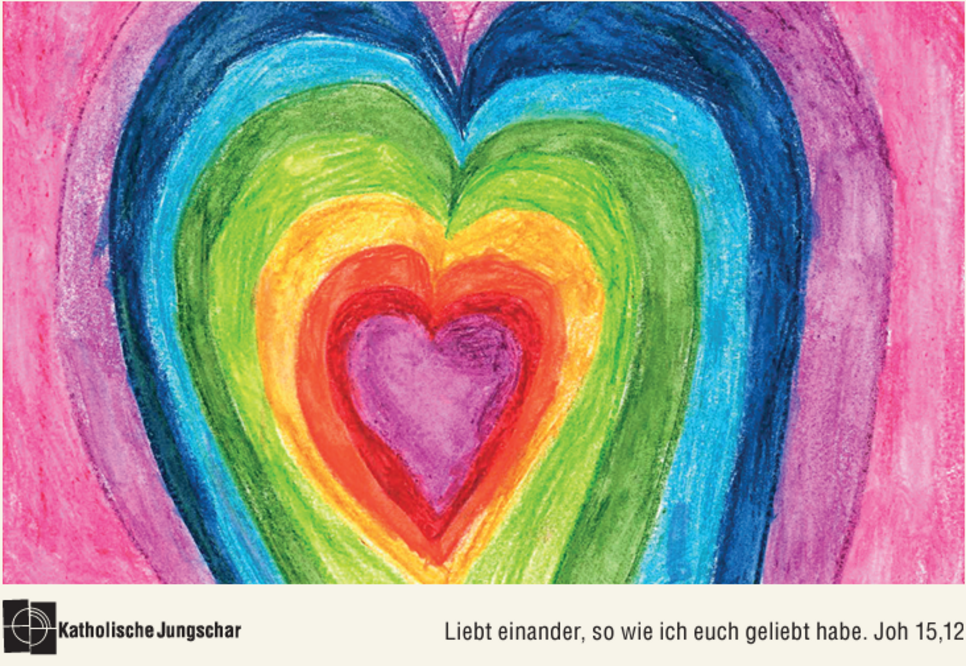 Das Bild zeigt eine bunte Kinderzeichnung. mit der Aufschrift „Liebt einander, wie ich euch geliebt habe!“ 