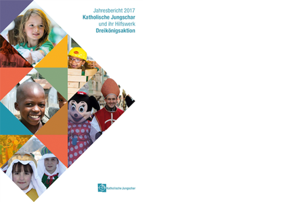 Oberseite des Jahresberichts mit bunten Dreiecken und Kindern