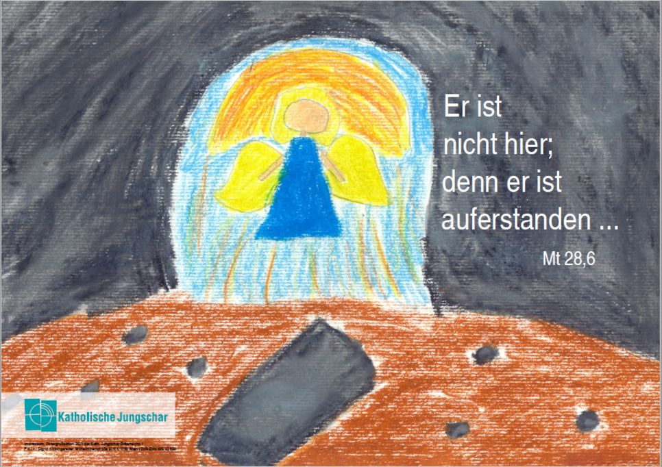 Engel vor dem leeren Grab Jesu, Ostergrusskarte 2021, Kinderzeichnung