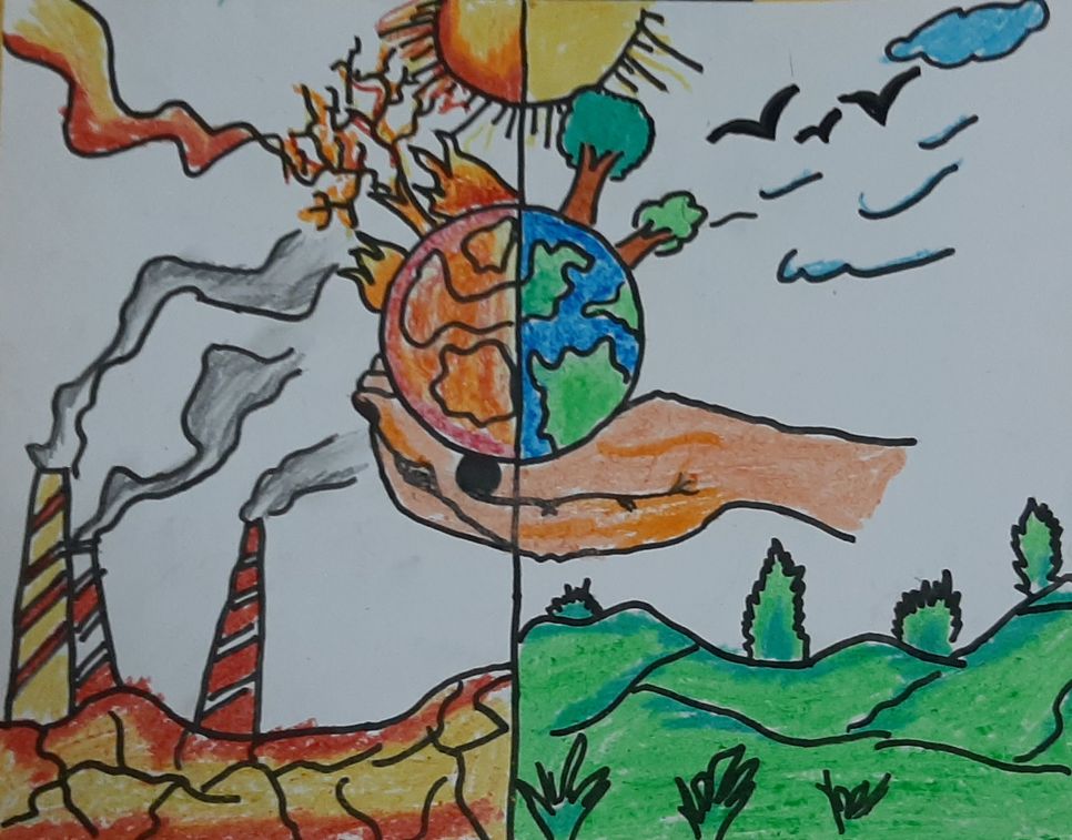 Kinderzeichnung zweigeteilt, links eine brennende Welt mit Abgasen und Klimawandel, rechts eine grüne Welt mit Vögeln und Natur